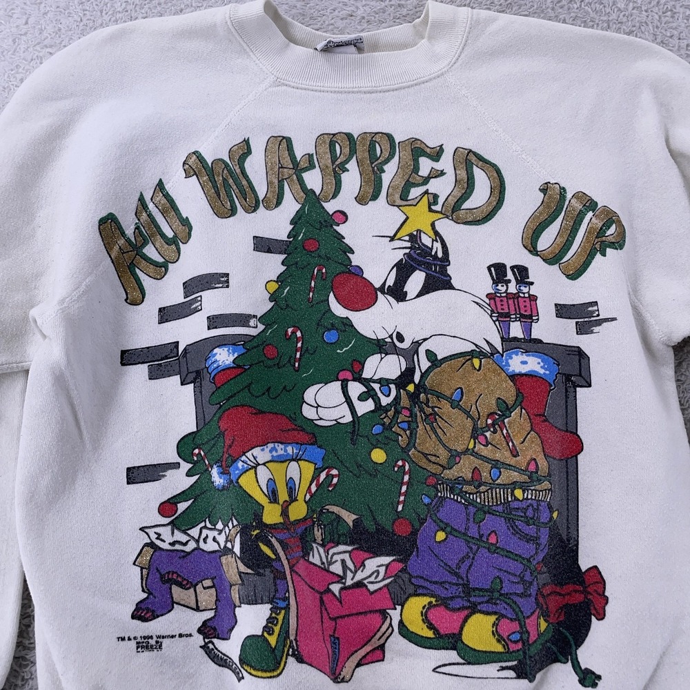 Vtg Looney Tunes Freeze Sweatshirt CROP FIT Small Crewneck Christmas Tweety 90s